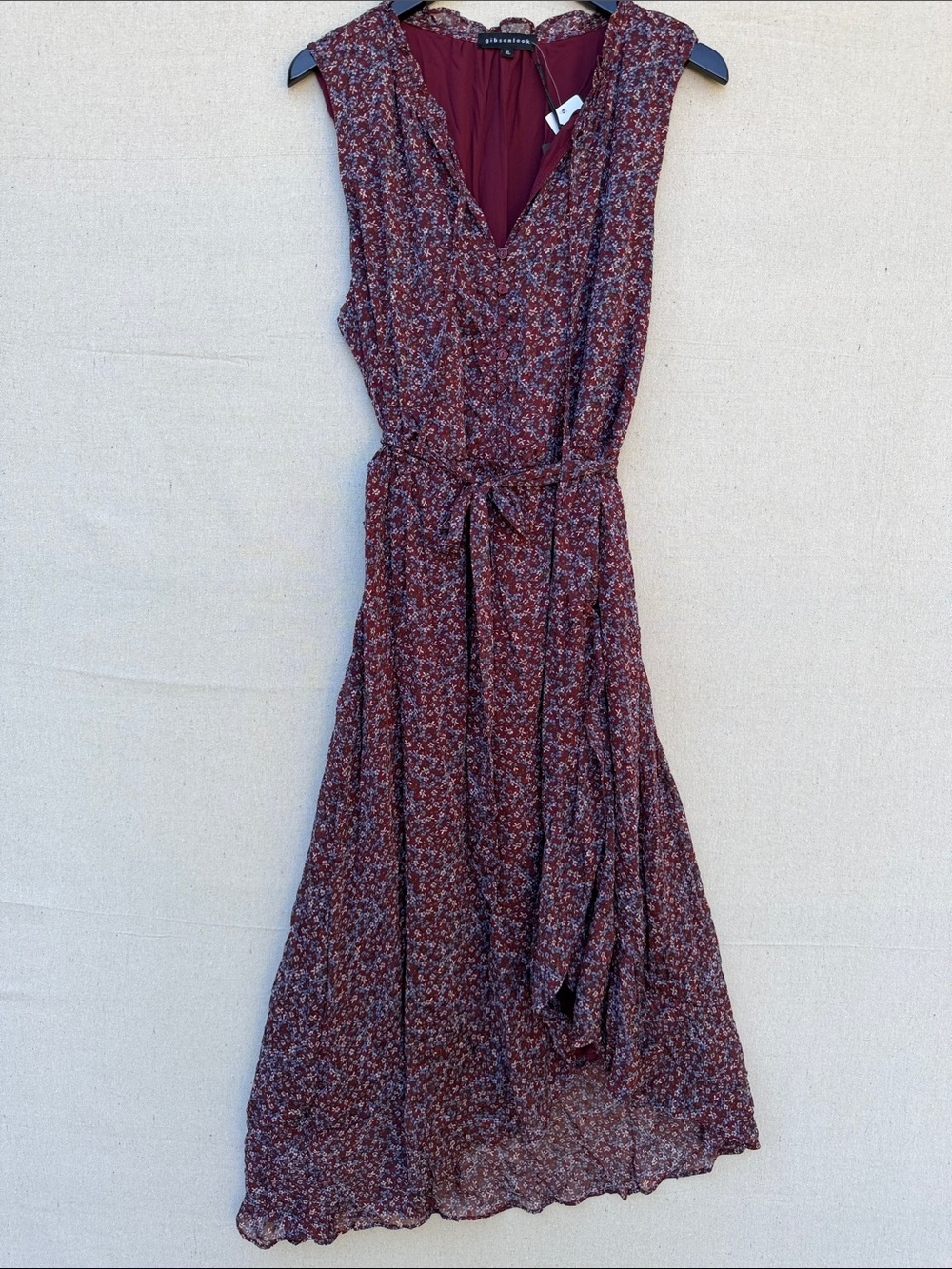 Sleeveless Burgundy Floral Midi Dress with Tie Waist